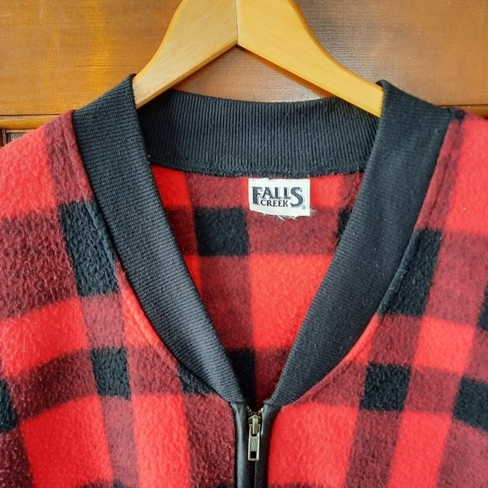 Vintage Falls Creek red and black buffalo check plaid fleece full zip vest